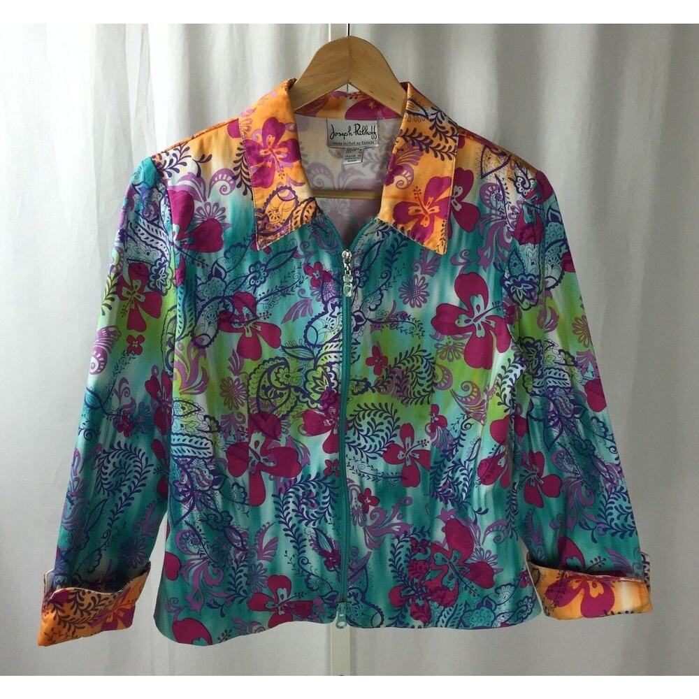 Joseph Ribkoff Bright Multicolor Floral Pattern Zip Front Jacket Sz. 8